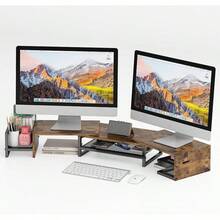 GILLAS Base para Monitor de Computadora Escritorio Doble, Soporte para Monitor Escritorio Computadora 2 Niveles, Estante Monitor Ángulo y Longitud Ajustable, Accesorios para Escritorio Oficina, Hogar - Rectángulo-marrón - Ver 2