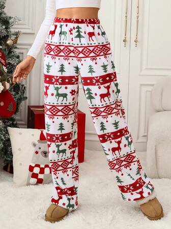 Women's Elegant Christmas Reindeer & Christmas Tree Print Fleece Straight Pants, Christmas Sleepwear Warm Style New Year Sleepwear Print Asymmetric Random Print