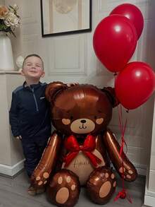 Brown Teddy Bear Foil Balloon With Colorful Bow Tie, Paired With Red Latex Balloons And Red Heart Shapes. Cute Sitting Pose Design, Suitable For Valentine's Day, Birthday, Wedding, Anniversary, Theme Events, Engagement, Home Decor, Photo Props, Party Decorations - Multicolor - View 7