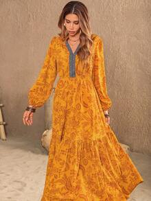 Rusttydustty 女款深蓝色随机印花V领长袖连衣裙波西米亚旅游音乐节 - 黃色 - 查看 7