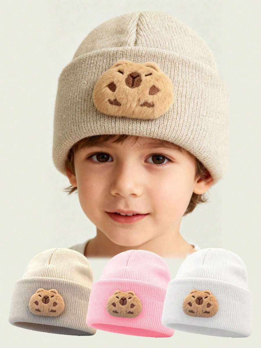 【婴儿针织帽】1顶可爱3D小水豚装饰针织婴儿帽，时尚柔软，保暖日常佩戴，适合4岁及以下儿童/婴儿秋冬季佩戴。 - 彩色 - 查看 1