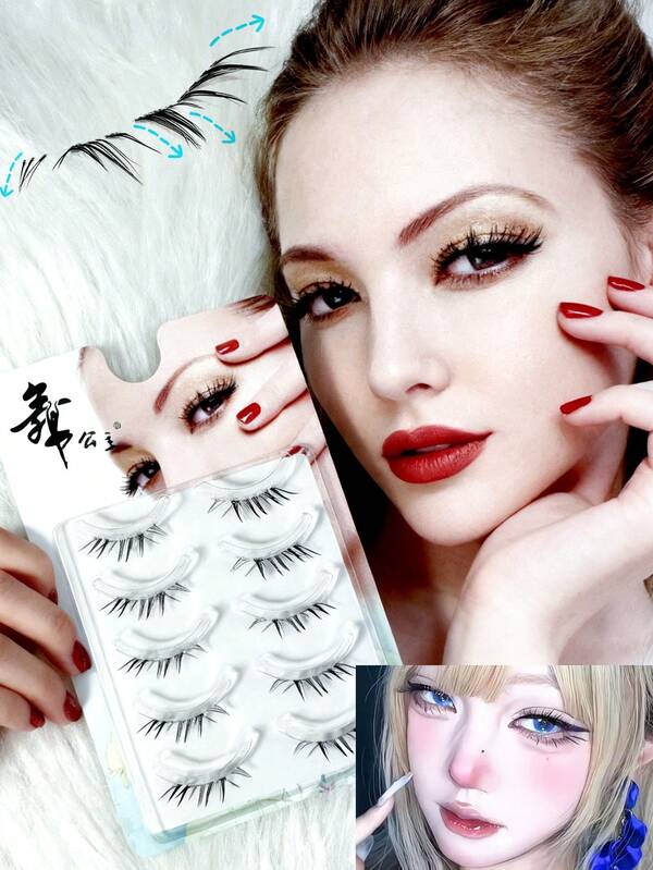 Nuevas pestañas postizas de visón al por mayor, 5 pares de pestañas con banda invisible, pestañas postizas de visón reutilizables, maquillaje al por mayor con pestañas postizas naturales de tallo transparente. Estilo de anime japonés con pestañas postizas dramáticas y afiladas para cosplay, reutilizables