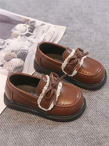 1 Pair Brown Bow Cute Fashionable Pearl Design Faux Leather + Massage Pad Bottom Soft Non-Slip Flat Baby/Toddler Shoes, Suitable For Spring, Summer, Autumn And Winter - Brown - View 3