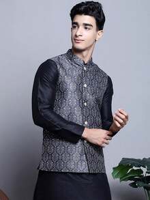 Men's Nehru Jacket  Traditional Vest Brocade Waistcoat Bandhgala Festive Wedding Outfithalloween - 橄欖 - 查看 2