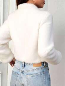 Novedades otoño/invierno Ropa de abrigo para mujer Chaqueta corta con ribete de piel Diseño cruzado Forro polar grueso para proteger del frío Cierre con cremallera y bolsillos Elegante estilo bohemio Y2K Informal, sensual, ropa para estar en casa, salidas, vacaciones, fiestas Prendas de punto cálidas a rayas Pantalones con motivos bordados Adecuado para Navidad, Halloween, Año Nuevo, Día de Muertos, citas, cumpleaños, bodas - Blanco - Ver 2
