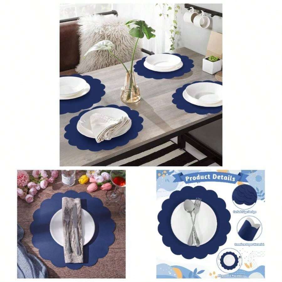 60 Pcs Sage Green Paper Placemats, 13.5 Inch Disposable Scalloped Placemat Round Table Place Mats Decorative Paper Birthday Wedding Bridal Shower Shower Banquet Tea Party - Màu xanh hải quân - Xem 1