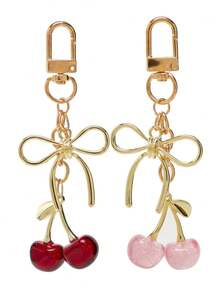 2 Stück/1 Stück Damen/Herren Gold/Rot/Rosa 10,5 cm Künstliche Acryl Kirsche Legierung Schleife Schlüsselanhänger, modischer minimalistischer Lässig Streetwear Accessoire geeignet für Damen/Herren Alltags-Outfit, Rucksack, Autoschlüssel, Reise, Schule, Party, Weihnachtsgeschenk, Autoschmuck, Geschenkidee für Freundin, Schwester, Lehrer