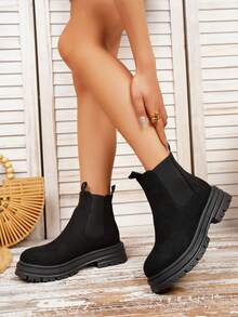 Women's Fashion New Solid Color Thick Sole Non-Slip Slip-On Ankle Boots, For Autumn/Winter - Black - View 2