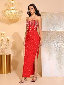 Beaded Decor Strapless High Slit Bandage Dress, Bridesmaid Dress For Parties And Festivals - Red - View 5