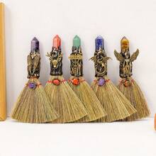 1PC Crystal Magic Broom Natural Amethyst Point Craft Witch Broomstick Divination Energy Reiki Healing Home Decoration Gift 4th Of July Women Fathers Dad Gift