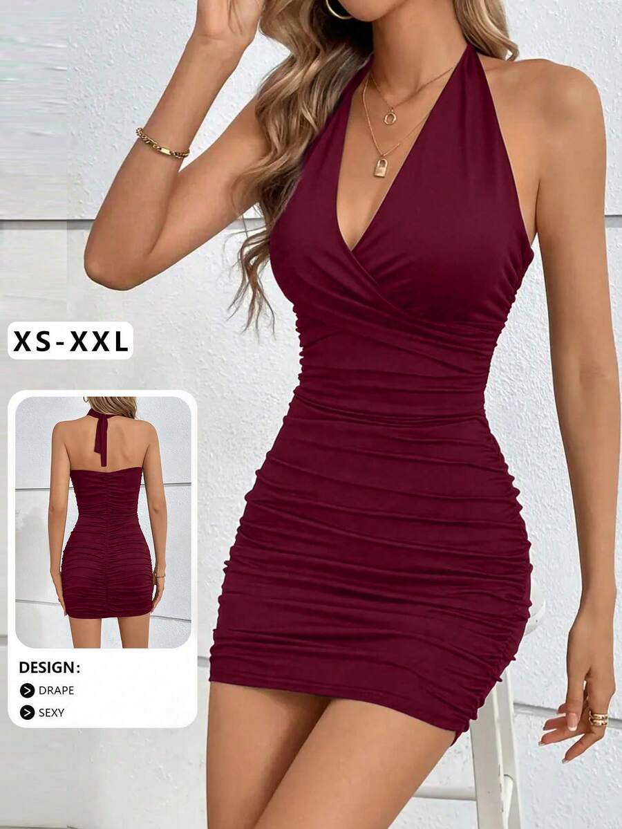 Sexy Deep V-Neck Ruched Waist Halter Backless Hollow Out Mini Dress, New Summer Design - Burgundy - View 1