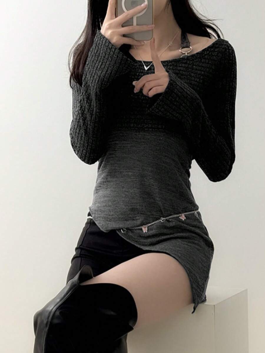 两件套，包括一件带领环的无袖背心和一件薄针织长袖上衣，春季款 - 灰色 - 查看 1