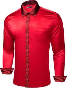 Mens Satin Silk Shirts Long Sleeve Designer Dress Shirt Shiny Untucked Casual Button Down Shirt Party Disco Formalhalloween - B 紅花 - 查看 7