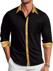 Mens Satin Silk Shirts Long Sleeve Designer Dress Shirt Shiny Untucked Casual Button Down Shirt Party Disco Formalhalloween - 黑色和閃亮的金色 - 查看 11