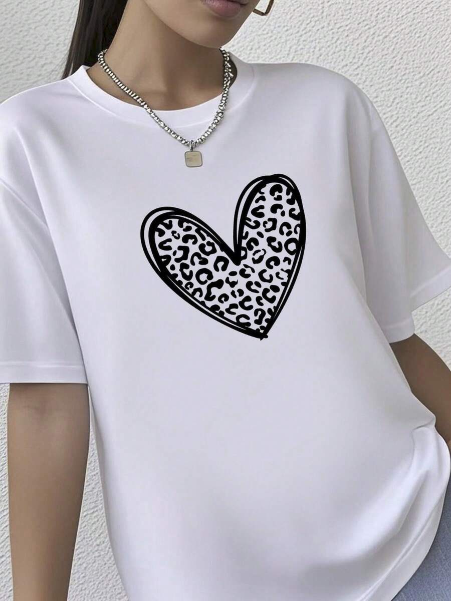 180g pure Cotton Leopard Print Valentines Day Shirt,Valentines Day Shirts For Wo,Heart Shirt,Cute Valentine Shirt,Valentines Day Gift,Cheetah Valentines Versatile female streetwear Breathable women fashion T-Shirt For Women Casual Stretched Summer Stylish Soft - Blanco - Ver 1