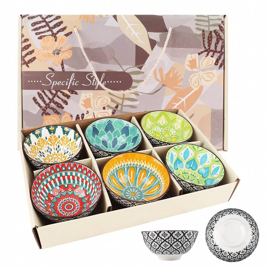 6 Pcs Colorful Ceramic Rice Bowl Set,10 Oz 4.75'' Porcelain Kitchen Dessert Soup Serving Bowls For Snack Salad Ice Cream Pasta Cereal,Microwave And Dishwasher - 彩色 - 查看 1