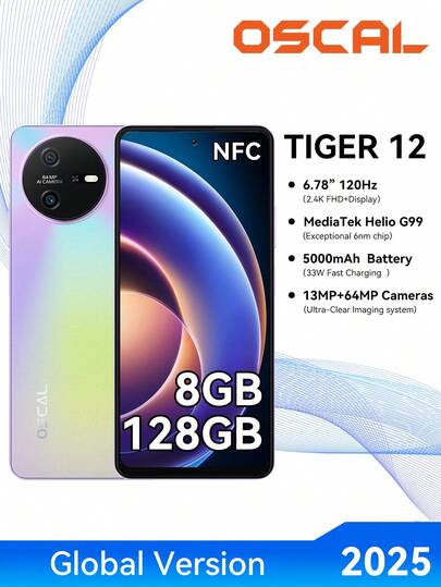 OSCAL Tiger12 解锁版安卓 13 智能手机，5000mAh 电池，16GB（8GB+8GB 可扩展）+ 128GB/1TB 存储空间，八核处理器，G99 芯片，13MP+64MP 双后置摄像头，6.78 英寸高清+ IPS 显示屏，双卡双待 4G，支持面部和指纹解锁