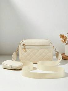 1 Pc Women's Small Square Shoulder & Crossbody Bag, Quilted Diamond Pattern Mini Handbag/Coin Purse - Beige - View 3