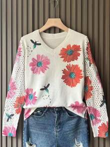 Suéter de punto acanalado con cuello en V, manga larga y estampado de margaritas para uso en casa - Rosa - Ver 1