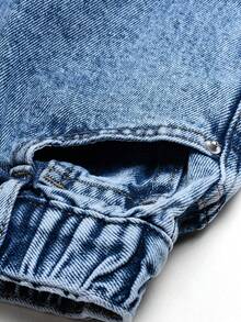 Jeans cargo de pierna ancha con lavado claro, estilo callejero para niña, con múltiples bolsillos, cintura elástica, corte holgado, adecuado para todas las estaciones - Lavado ligero - Ver 7