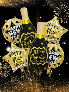 6 件/套 2026 新年快乐黑色和金色铝箔气球，包括酒瓶和星形铝箔气球，适用于 2026 黑色和金色新年派对、除夕装饰、圣诞派对、生日、毕业典礼、拍照道具、节日装饰 - 彩色 - 查看 6