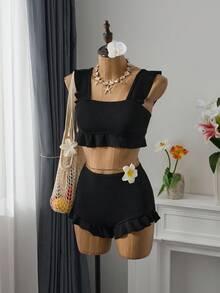 Bellisia Summer Beach Textured Bikini Set Ruffle Trim Tank Top & Shorts 2 Pieces Bathing Suit