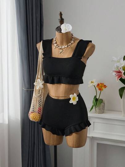 Bellisia Summer Beach Textured Bikini Set Ruffle Trim Tank Top & Shorts 2 Pieces Bathing Suit