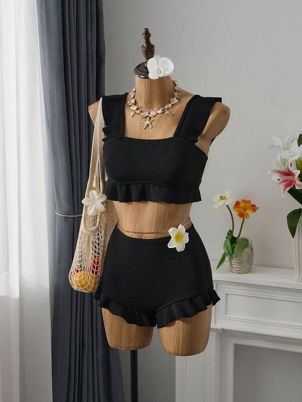 Bellisia Summer Beach Textured Bikini Set Ruffle Trim Tank Top & Shorts 2 Pieces Bathing Suit