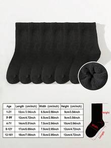 6 Pairs Kids Thermal Ribbed Socks, Solid Black Everyday Mid-Calf Socks, Suitable For Boys And Girls, Autumn/Winter, Fits Ages 1-3, 4-7, 8-12, Teens