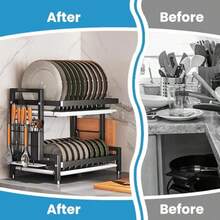 Dish Drying Rack 2 Tier Kitchen Organizers And Storage Rack With Drainboard And Removable Cutlery Holder Rustproof Stainl Steel Dish Rack For Kitchen Counter Black