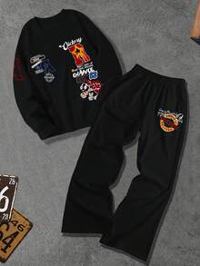2pcs Men Casual Sweatshirt & Flared Pants Set, Printed Design, Versatile - Multicolor - View 2