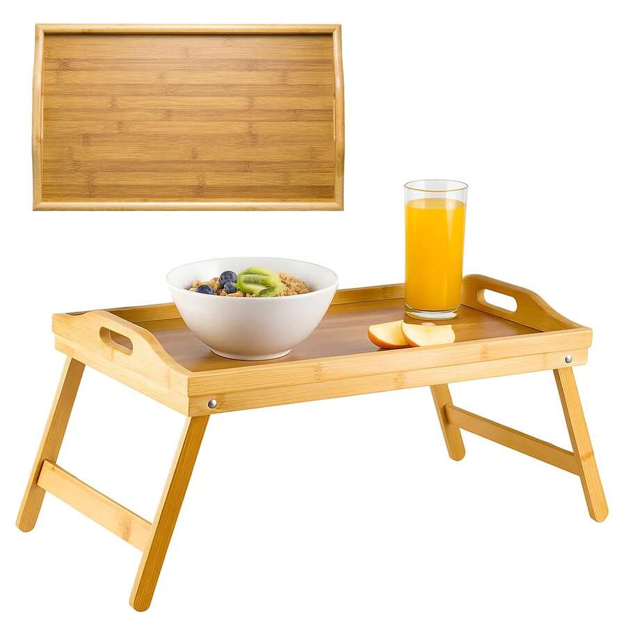 Multipurpose Bamboo Lap Tray – Foldable Bed Table With Carrying Handle & Stable Folding Legs – Perfect For Breakfast, Work, Or Snacks On Sofa Or In Bed (50 X 30 X 24 Cm) - Wood - View 1