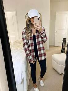 Fisoew Womens Casual Plaid Flannel Shirt Long Sleeve Button-Front Collared Christmas Gift & New Year Gift - 紅白色 - 查看 6