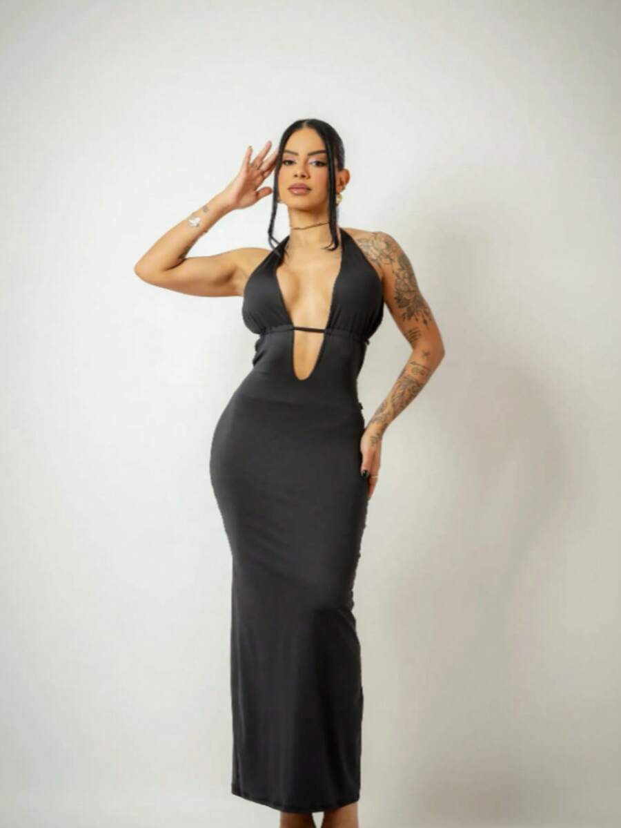 Vestido Longo Nina com Bojo Suplex, Decote Profundo Sexy e Amarrações nas Costas - Preto - Visão 1
