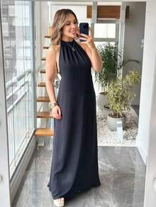 Women's Long Duna Dress Elegant Summer High Neck Tank Top Bare Back Bow - 黑色 - 查看 9