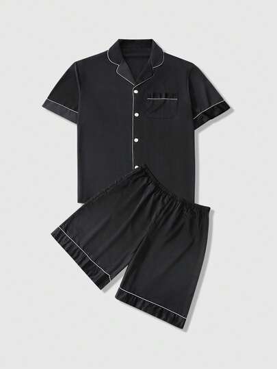 2pcs Plus Size Men Loose Button Short Sleeve Top And Shorts Set, Spring/Summer Loungewear