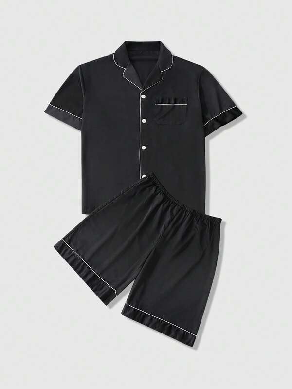 2pcs Plus Size Men Loose Button Short Sleeve Top And Shorts Set, Spring/Summer Loungewear