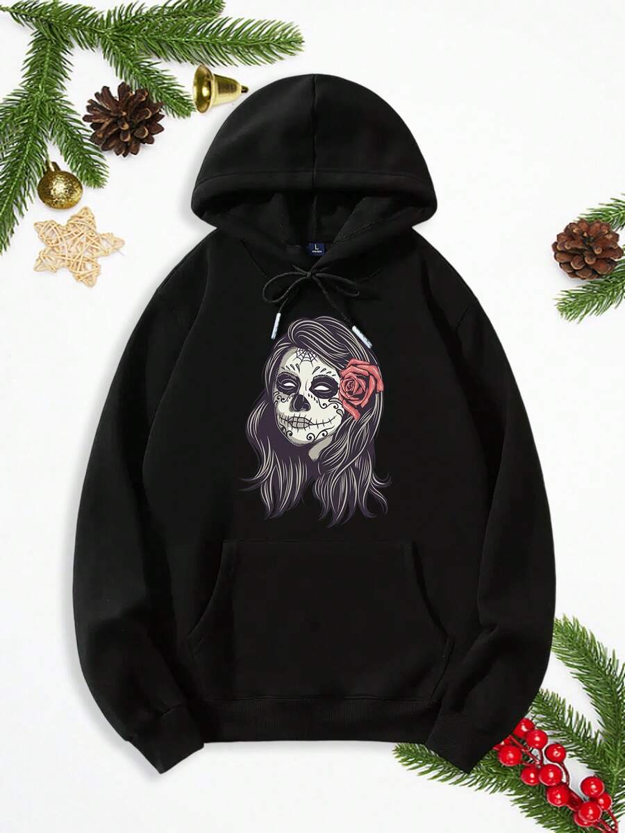 Sudadera con Capucha de Estampado Gótico Calaveras Azucaradas para Mujer - Inspirada en el Día del Muertos Mexicano, Suéter Casual Cuello Redondo Ideal Para Halloween y Navidad, ¡Lavable a Maquina! Jersey Todo-Temporadero Con Diseño Florido Blanco De Cráneo Unisex Ajuste Relajante Bolsillo Delantero. Ropación Cómoda, Sudaderes Hallowenicas - Oscuro - Ver 1