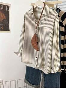 Women's Casual Striped Print Loose Fit Drop Shoulder Long Sleeve Shirt, Suitable For Daily Wear And Commuting, Spring/Autumn - Coffee Brown - View 3