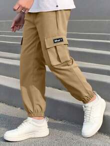 1pc Young Boy Streetwear American Style Cool Casual Cargo Pants - Khaki - View 1