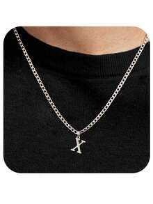 1 pièce Chaîne cubaine en acier inoxydable avec 26 lettres de l'alphabet anglais, collier pendentif avec lettre de A à Z, personnalisé, convient pour le port quotidien des hommes ou en cadeau - Acier - Voir 9