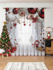 1 pezzo Tenda decorativa trasparente natalizia, con decorazioni floreali dorate, palloncini dorati, rami di pino, albero di Natale, design con asta, adatta per soggiorno, camera da letto, patio, villa, salone, festa di Natale, festa di Capodanno, decorazione cucina, 100g/mq