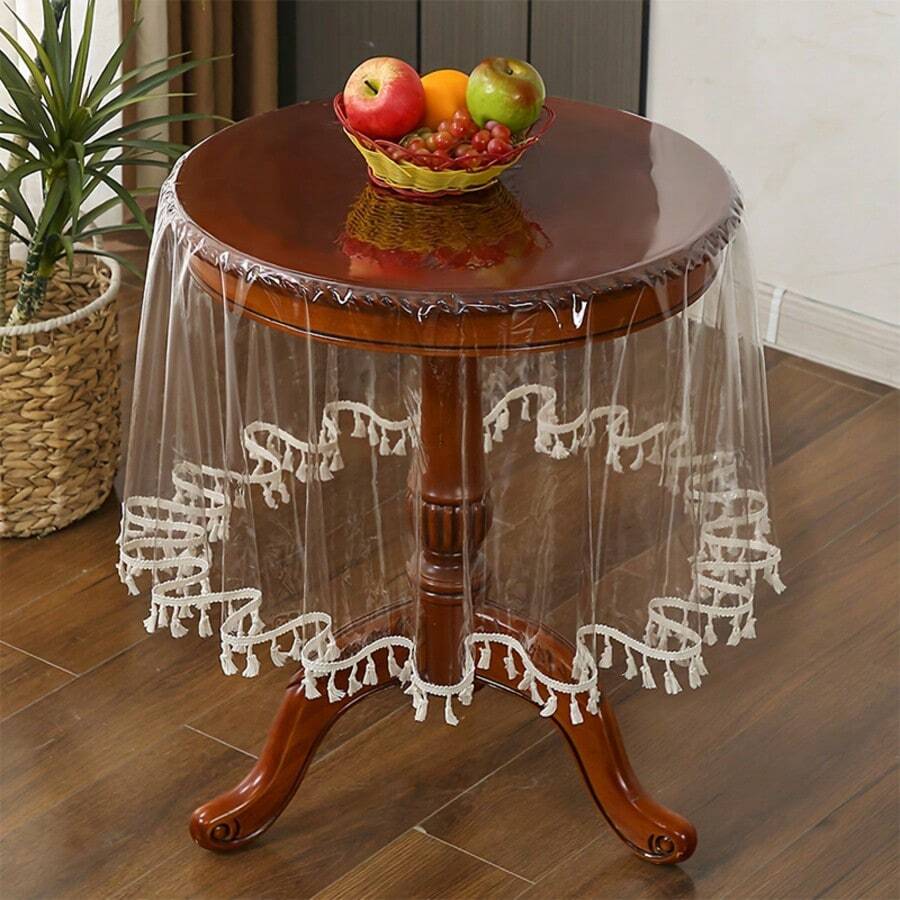 1 قطعة منضدة شفافة ناعمة بشكل دائري - مع شرابات معلقة، غطاء طاولة بطراز بسيط على طريقة إنستغرام، مناسب لديكور الزفاف والحفلات والمطاعم والمقاهي - أبيض - مشاهدة 1