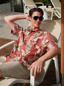Men's Silk Hawaiian Floral Shirts Short Sleeve Button Down Casual Tropical Holiday Beach Shirtshalloween - Đỏ nhạt - Xem 3