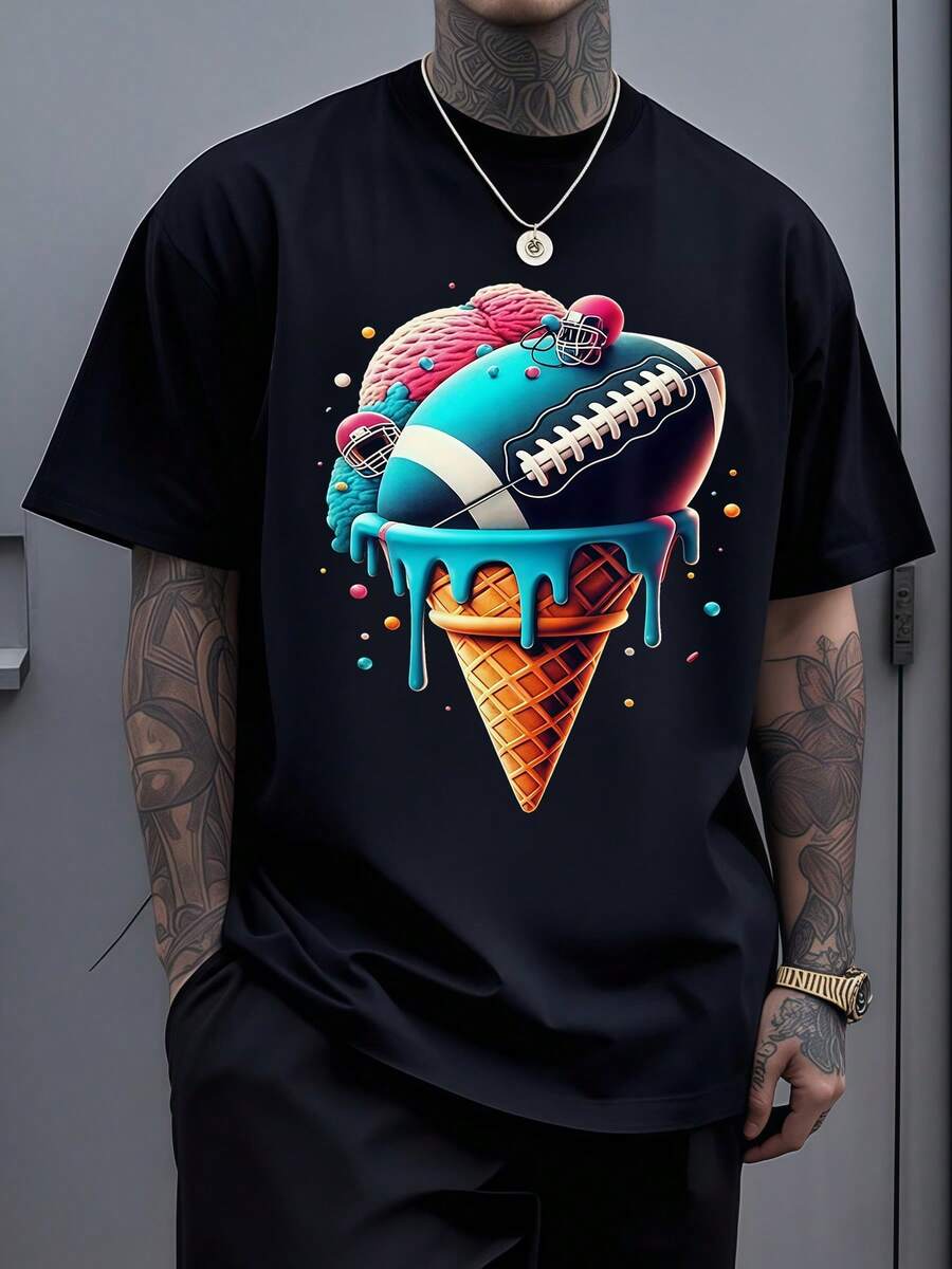 Ice Cream Cone Blending Vibrant Scoops With American Football Elements Symbolizing Playful Energy And Sports Passion Men 100% Cotton Tshirt - 黑色 - 查看 1