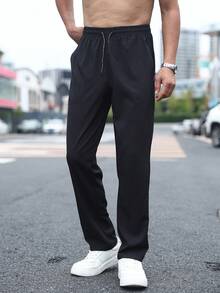 男士运动裤速干裤新款梭织运动直筒速干透气裤运动训练裤带拉链口袋跑步裤 - 黑色 - 查看 4
