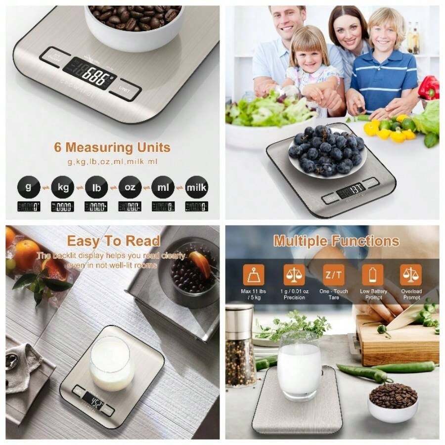 Bscula digital de alimentos, 5 unidades con funcin de tara pilas incluidas - plateado - Ver 1