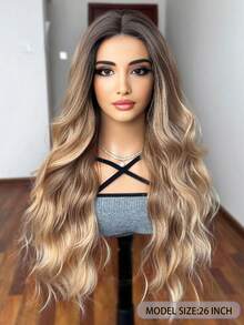 Gradient Gold Long Wavy Wig, 26 Inch Middle Part Long Curly Hair, Heat-Resistant Fiber Material, Natural Appearance, Suitable For Daily Wear And Parties - Multicolor - View 12