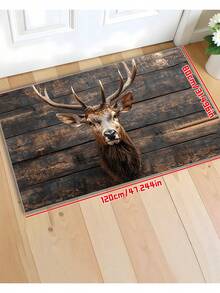 1 covor rustic cu cap de cerb, fabricat din poliester, fundal din lemn, preș de ușă în stil natural, lavabil la mașină, decor pentru casă și bucătărie, cadou excelent de Crăciun