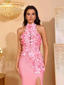 Nouvelle robe longue élégante à col montant 3D floral sexy, sans manches, dos nu, fendue haute. Robe de soirée formelle pour femmes pour mariage, fête, vacances